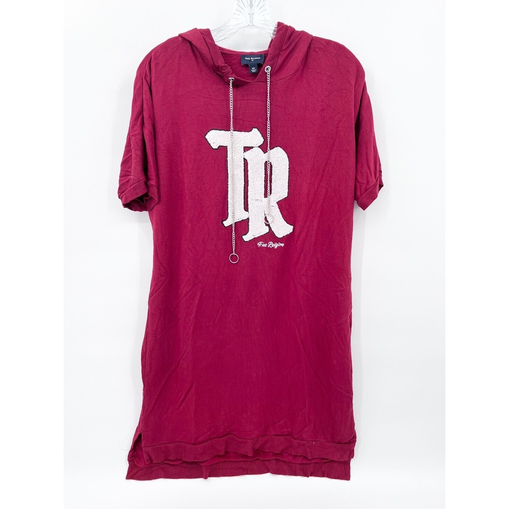 TRUE RELIGION Women's Sz S Maroon Short-Sleeve Fleece Hooded Shirt Dress Chains